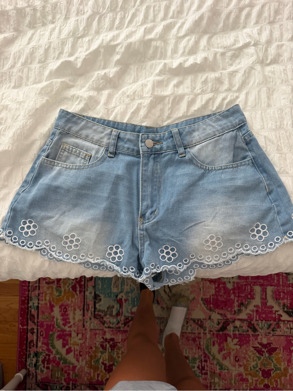 pistola Light Blue Denim Shorts with White Floral Eyelet Hem